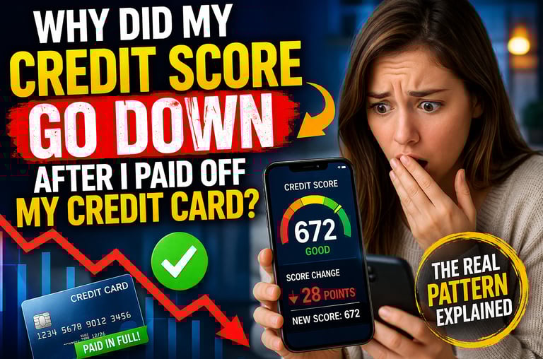 Woman surprised by credit score drop after paying off credit card, showing falling graph and phone d