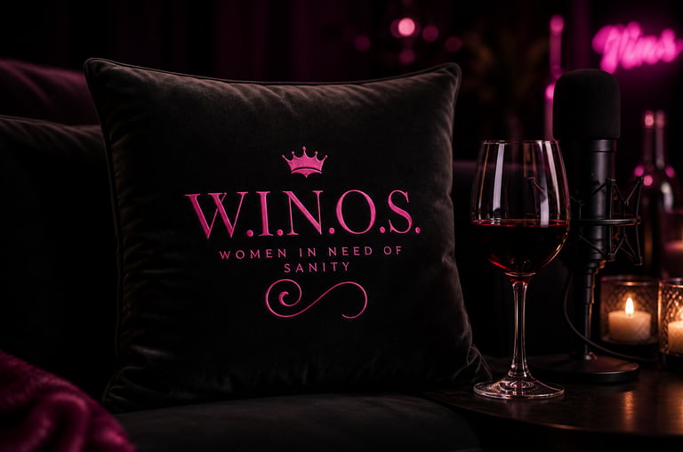 Pillow with W,I.N.O.S. Women In Need of Sanity podcast logo