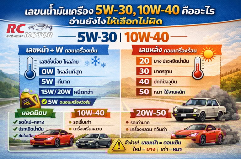 คู่มือเกรดความหนืดน้ำมันเครื่องรถยนต์ เปรียบเทียบ 5W-30 และ 10W-40 สำหรับการสตาร์ทเครื่อง