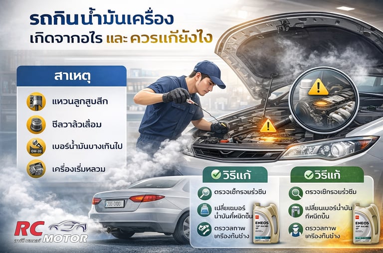 ช่างกำลังตรวจสอบเครื่องยนต์มีควัน พร้อมขวดน้ำมันเครื่อง ENEOS และคำแนะนำการดูแลรถเป็นภาษาไทย