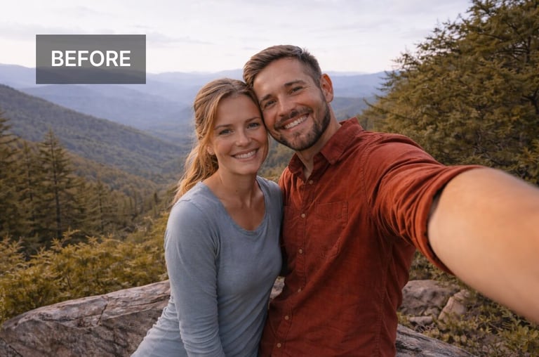 smoky mountains couple selfie at scenic overlook, original vacation photo before artwork transformation