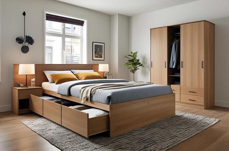 Small Modular Bedroom With Pull-Out Bed And Storage Drawers.