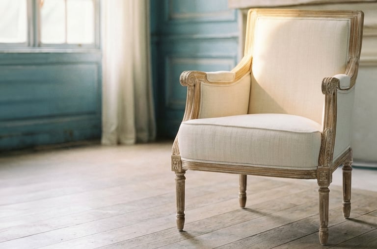 Vintage French upholstered armchair with a carved wood frame in a bright sunlit room with blue walls.