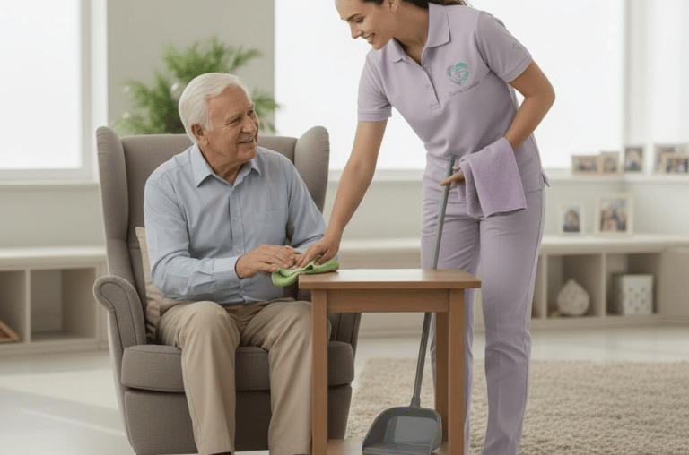 cuidadora ayuda tareas del hogar a un anciano