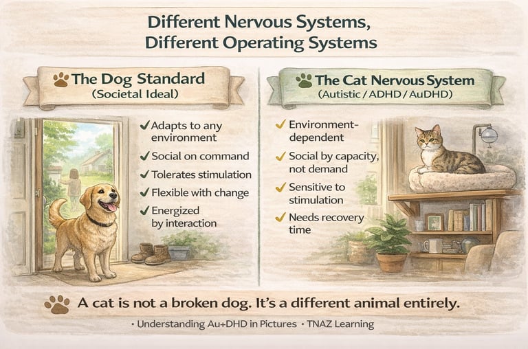 An infographic comparing the Dog Standard vs Cat Nervous System to explain AuDHD and neurodiversity.