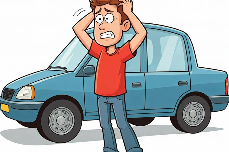 cartoon man is frantic because his keys are locked inside his car and he needs a lockout service performed by Fast T's Mobile