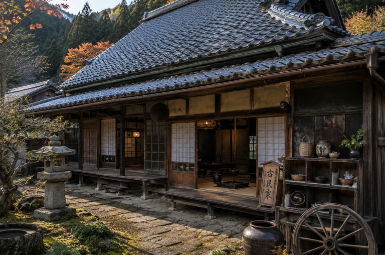 Traditional Japanese kominka farmhouse with tiled roof and shoji doors in a mountain setting.