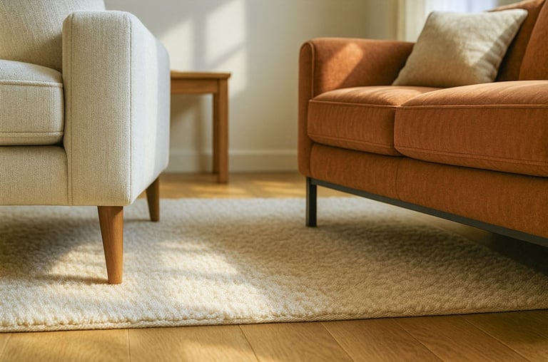 Low-angle view of two sofa leg styles: tapered wood and hidden base, styled with soft textures and natural shadows.