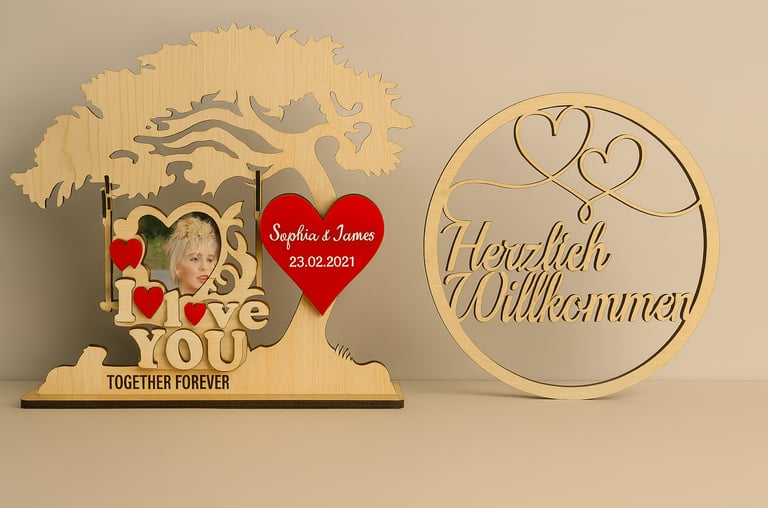 Personalisierte Holzrahmen in verschiedenen Größen mit graviertem Foto und elegantem Willkommen‑Desi