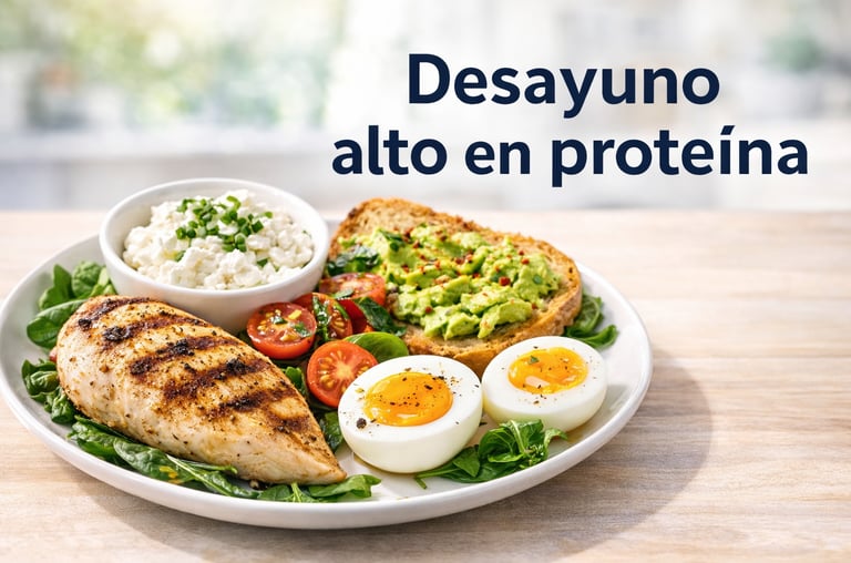desayuno alto en proteína con pollo a la plancha, huevos cocidos, aguacate y queso cottage en un pla