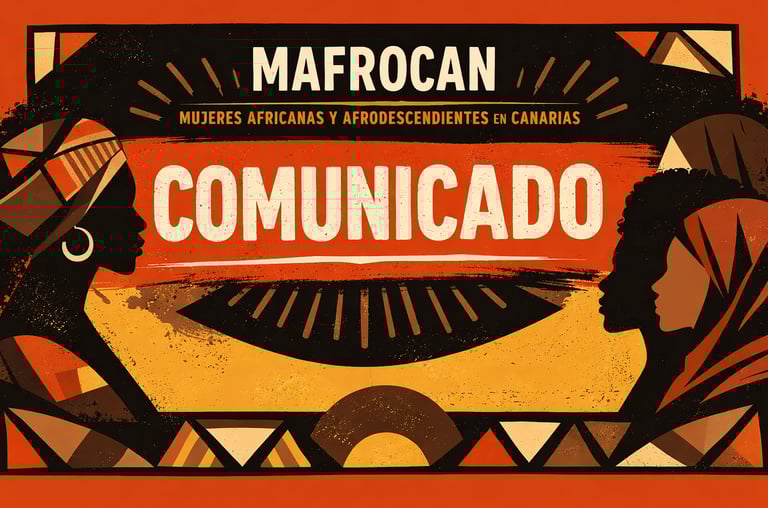 Mafrocan poster featuring African women silhouettes with the text Comunicado in Canary Islands.