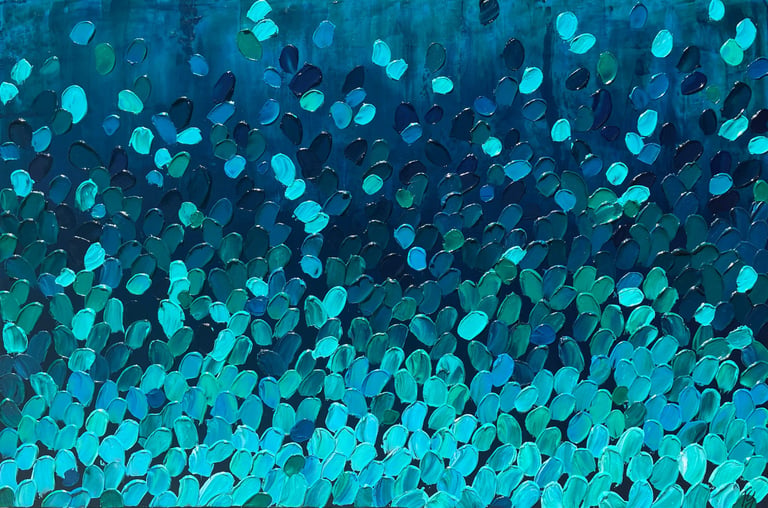 Kate Young abstract painting, size 24x36, blue and green, Guelph artist