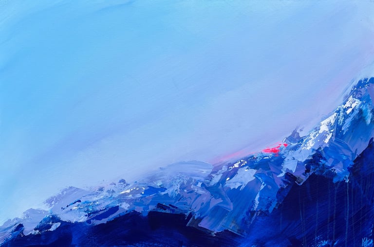 Kate Young abstract painting, size 24x36, blue and white, Guelph artist