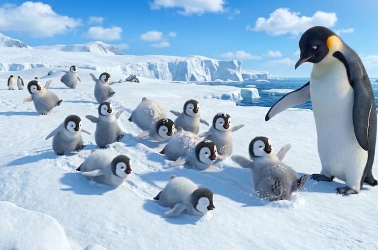 A large emperor penguin watches baby penguin chicks playing and sliding in the Antarctic snow.