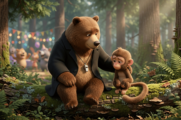 A kind brown bear in a jacket comforting a sad little monkey on a mossy log in a forest setting.