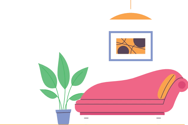 Ilustração minimalista vetorizada de um divã rosa, planta e luminária suspensa.