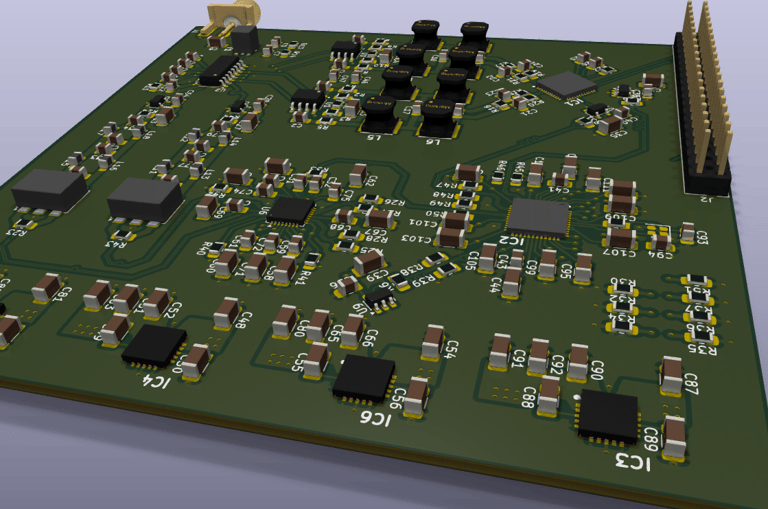 A green printed circuit board featuring surface-mount components, IC chips, and electrical resistors.