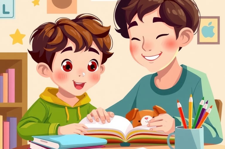 a boy and his father are reading a book