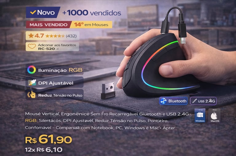 Mouse vertical ergonômico preto com iluminação RGB e conexão Bluetooth para PC e notebook.