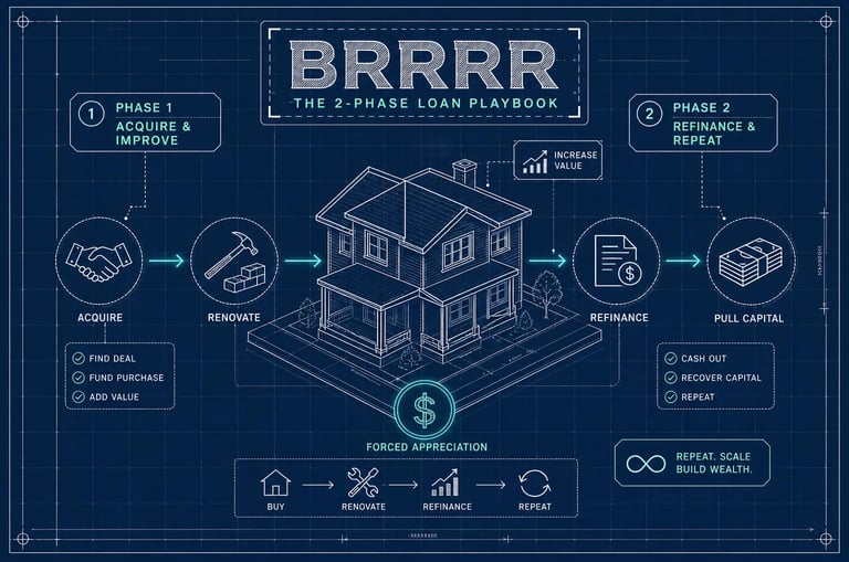 A detailed BRRRR real estate investment strategy diagram showing the phases of buy, renovate, refinance, and repeat.