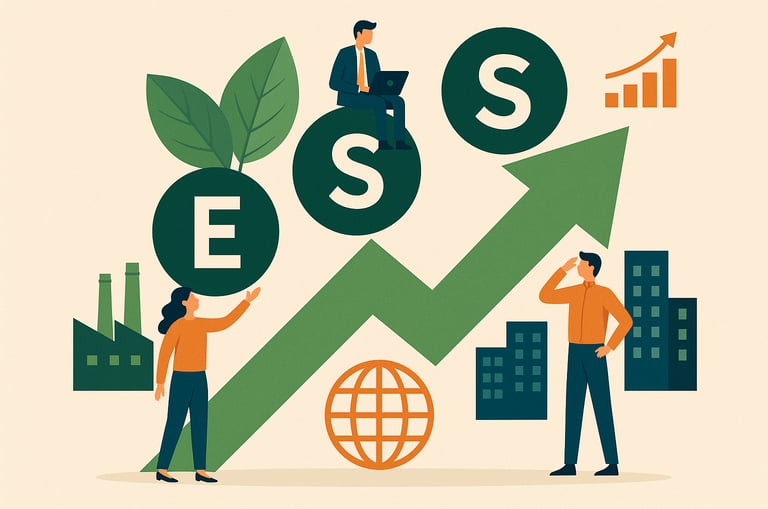 um homem e uma mulher em pé em frente ao uma seta apontando para cima