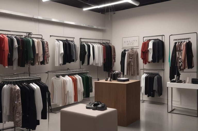 A stylish boutique interior with a well-organized display of clothing, accessories, and art. The walls are adorned with an eclectic mix of framed artworks, creating a gallery-like atmosphere. A rack of clothing is neatly arranged to the left, while shelves on the right showcase folded apparel and shoes. A glass display case in the center contains various small items and accessories. The wooden parquet flooring adds warmth to the contemporary design.