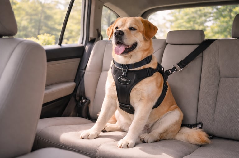 Dog secured safely in car for travel.