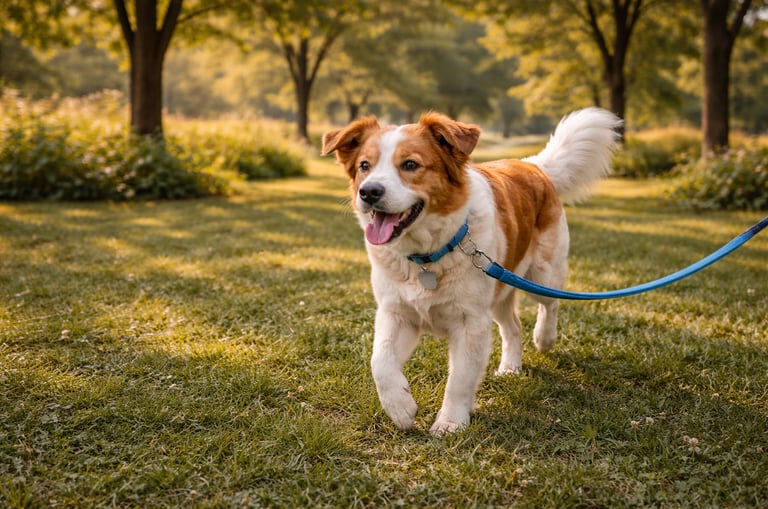 Dog walking safely on shaded grass in summer.