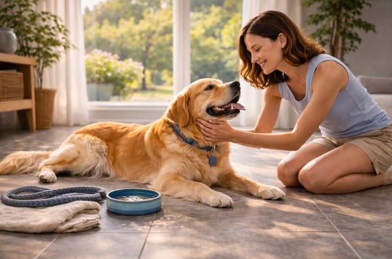 Pet sitter providing calm care at home in summer.
