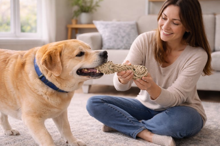 Pet sitter playing with dog during home visit.