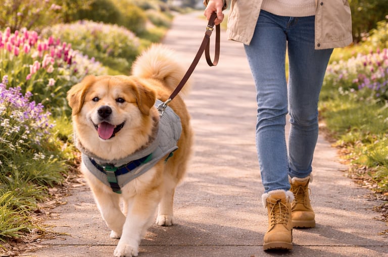 Dog walking calmly on a spring sidewalk in Oakville.