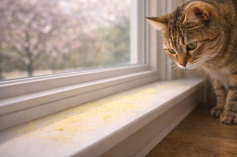 Pollen near a window causing seasonal pet allergies.