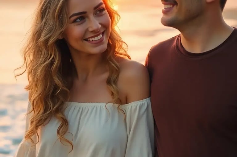 Casal a sorrir juntos ao pôr do sol