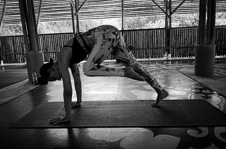 A woman transitions from Downward to Warrior One in Yoga practice