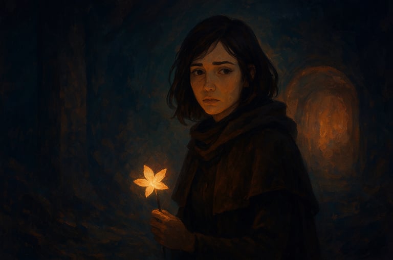 a woman holding a flower in a dark room