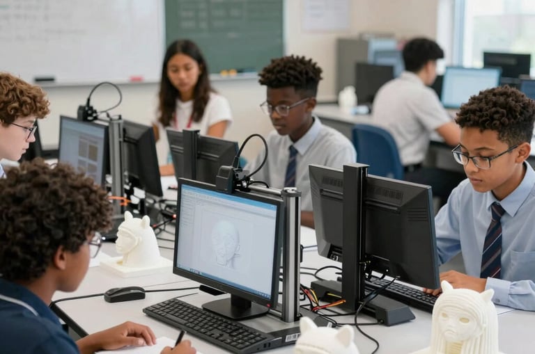 Students proudly holding their 3D printed projects, smiling in their Mylestones 2 Success t-shirts.