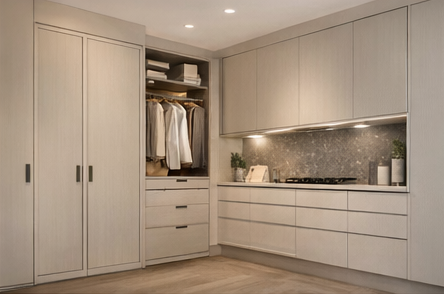 Modern minimalist kitchen and open wardrobe with beige cabinetry and integrated lighting.