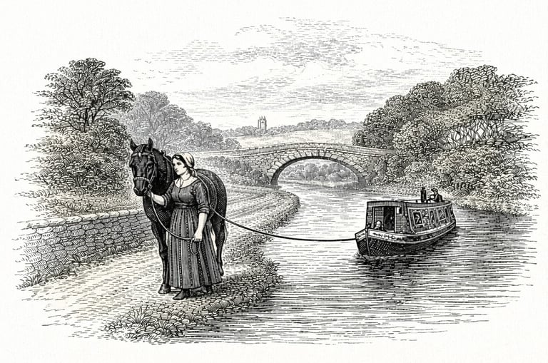 Woman leads a horse pulling a narrowboat