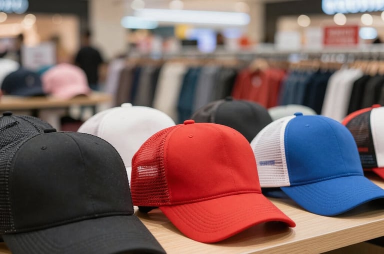 A set of modern caps in neutral tones arranged neatly on a white table with natural light.