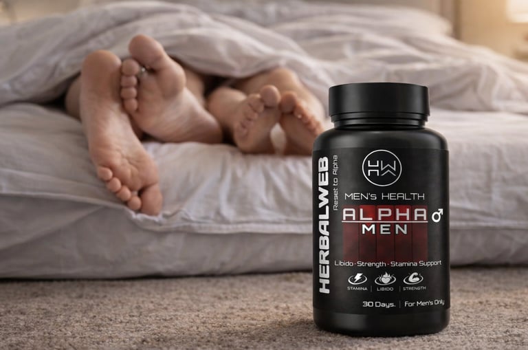 Alpha Men libido and stamina support supplement bottle in front of a couple in bed.