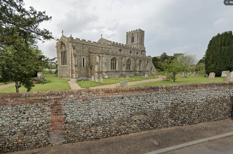 All Saints Church Great Chesterford exterior on Church Street where Building Blocks toddler group takes place on Wednesdays.