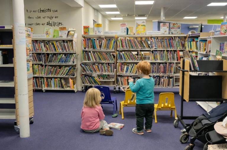 Toddlers exploring books in the children’s area of Saffron Walden Library, low shelves, colourful chairs & space for buggies.