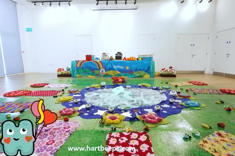Hartbeeps sensory play setup with props and mats at Golden Acre Community Centre Saffron Walden