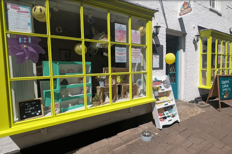 The Crafty Beanie toddler craft class studio in Saffron Walden with colourful shopfront and window displays.