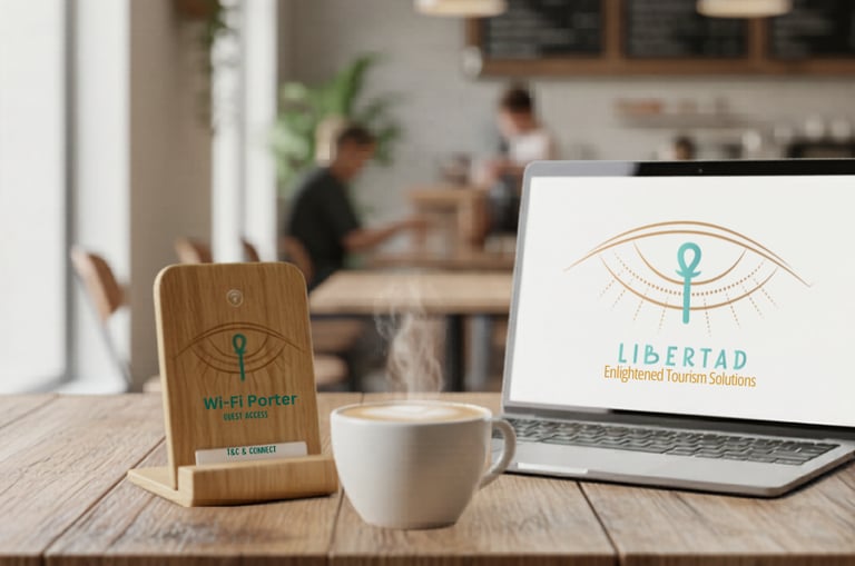 Laptop with Libertad tourism logo next to a Wi-Fi Porter and steaming coffee in a cafe.