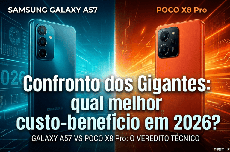 Comparativo entre Samsung Galaxy A57 e POCO X8 Pro, custo-benefício 2026.