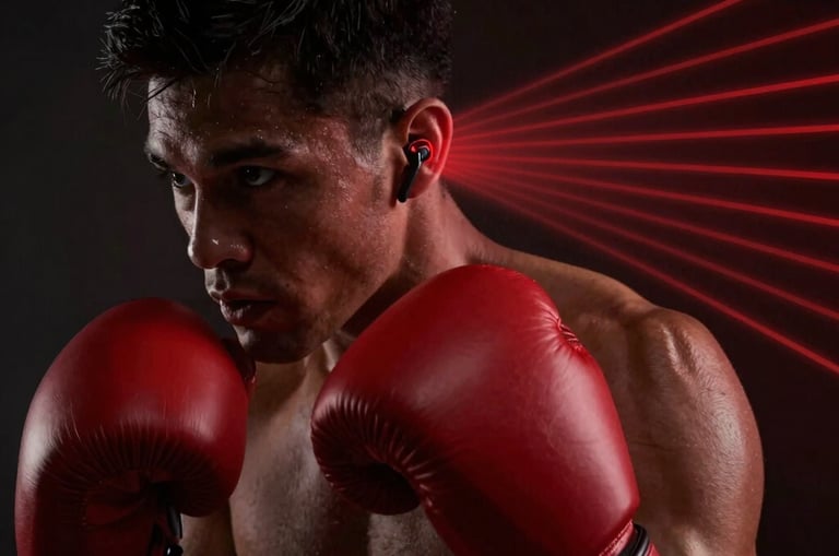 A boxer in a dimly lit gym, shadowboxing with wrist and ankle sensors glowing faintly in burgundy light.