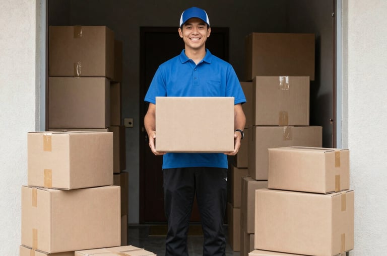 A delivery person handing over a package with branded clothing inside.