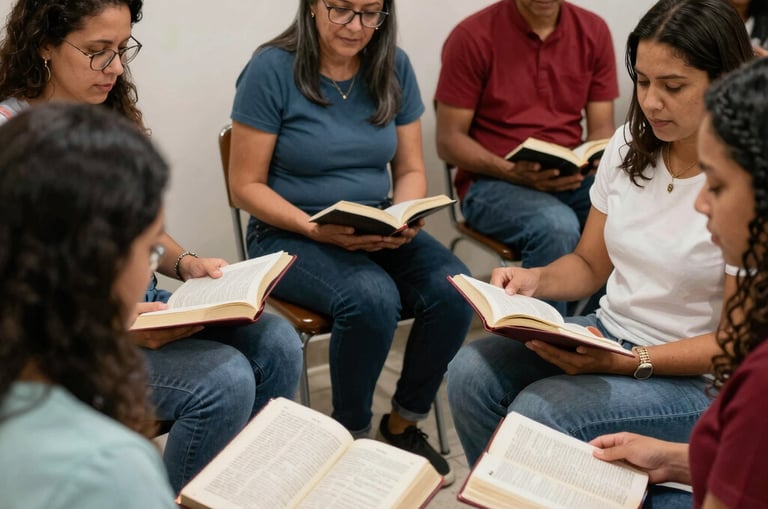 A warm classroom setting with a diverse group of mature Brazilian Christians engaging in an English lesson with devotional materials.