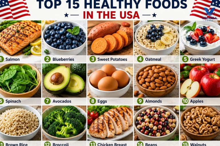 Collage of the top 15 popular American foods, including fruits, vegetables, whole grains, seafood, a